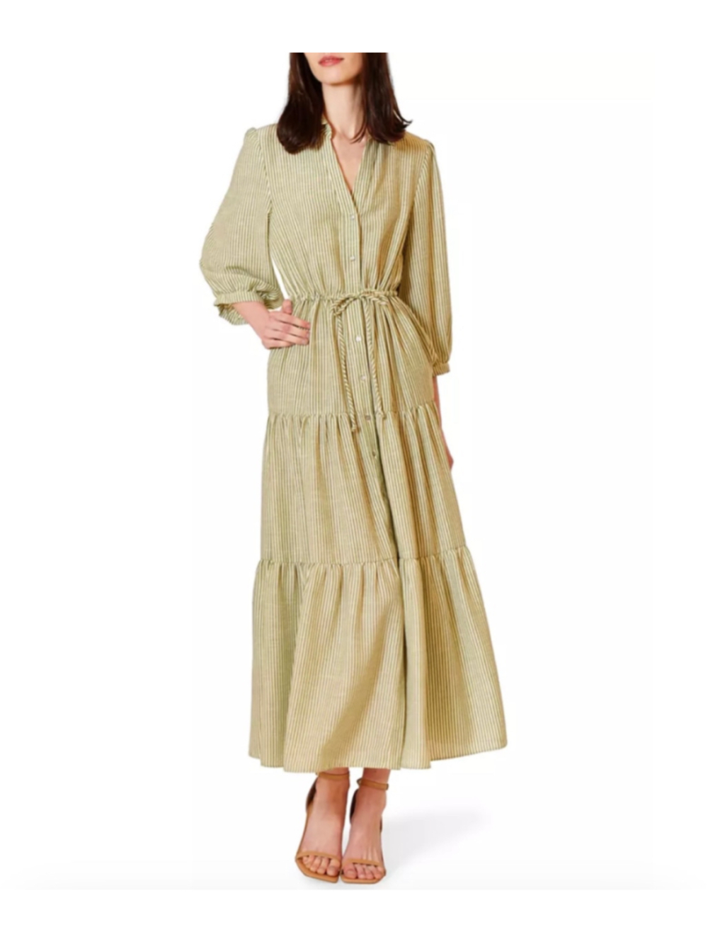 Julia Jordan Midi Dress Size 14 Green White Striped Long Sleeve Cottage Core